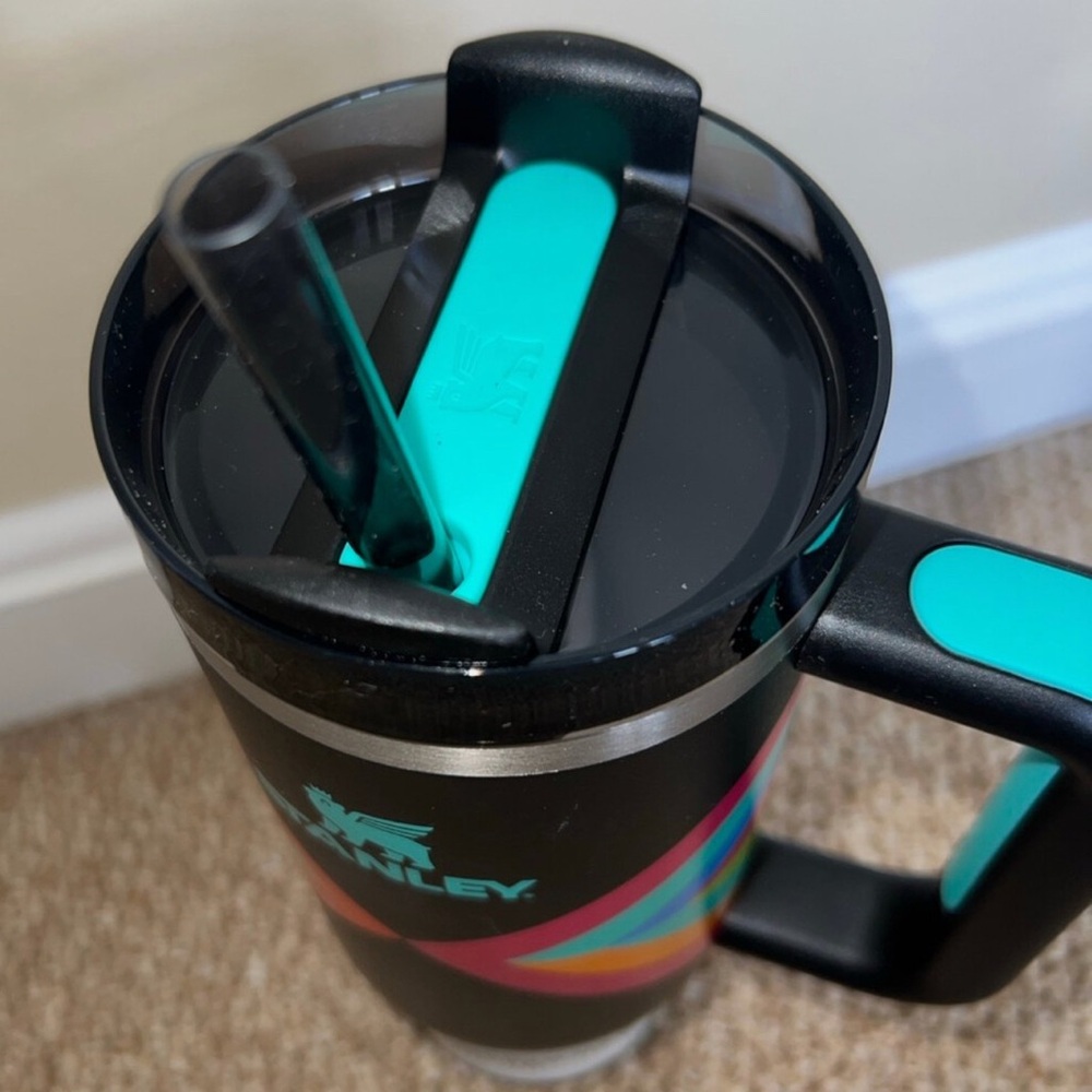Stanley Black Travel Mug with Teal Logo and Multicolor Chevron Accents - Picture 3 of 3